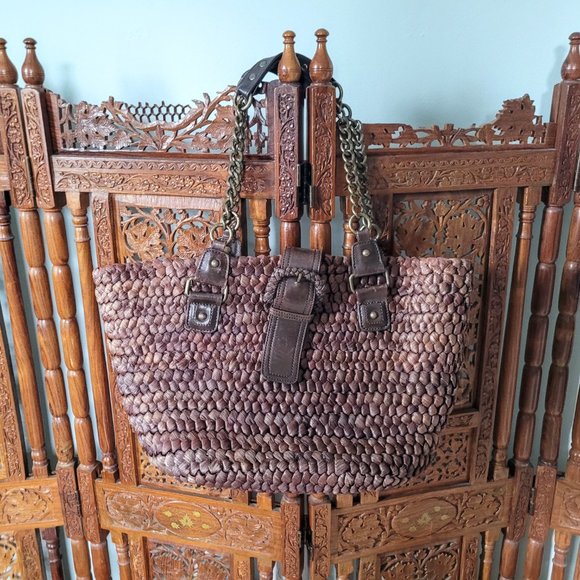 NWT Deadstock Vintage Gap Oversized Woven Brown Rafia and Brass Chain Tote - Picture 1 of 7